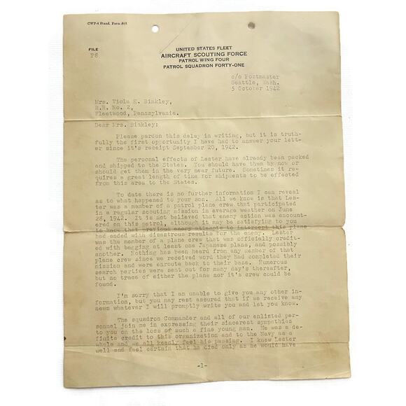 Aircraft Scouting Office Letter 1942 From AR Blumenfeld to Viola K Binkley - Picture 3 of 5